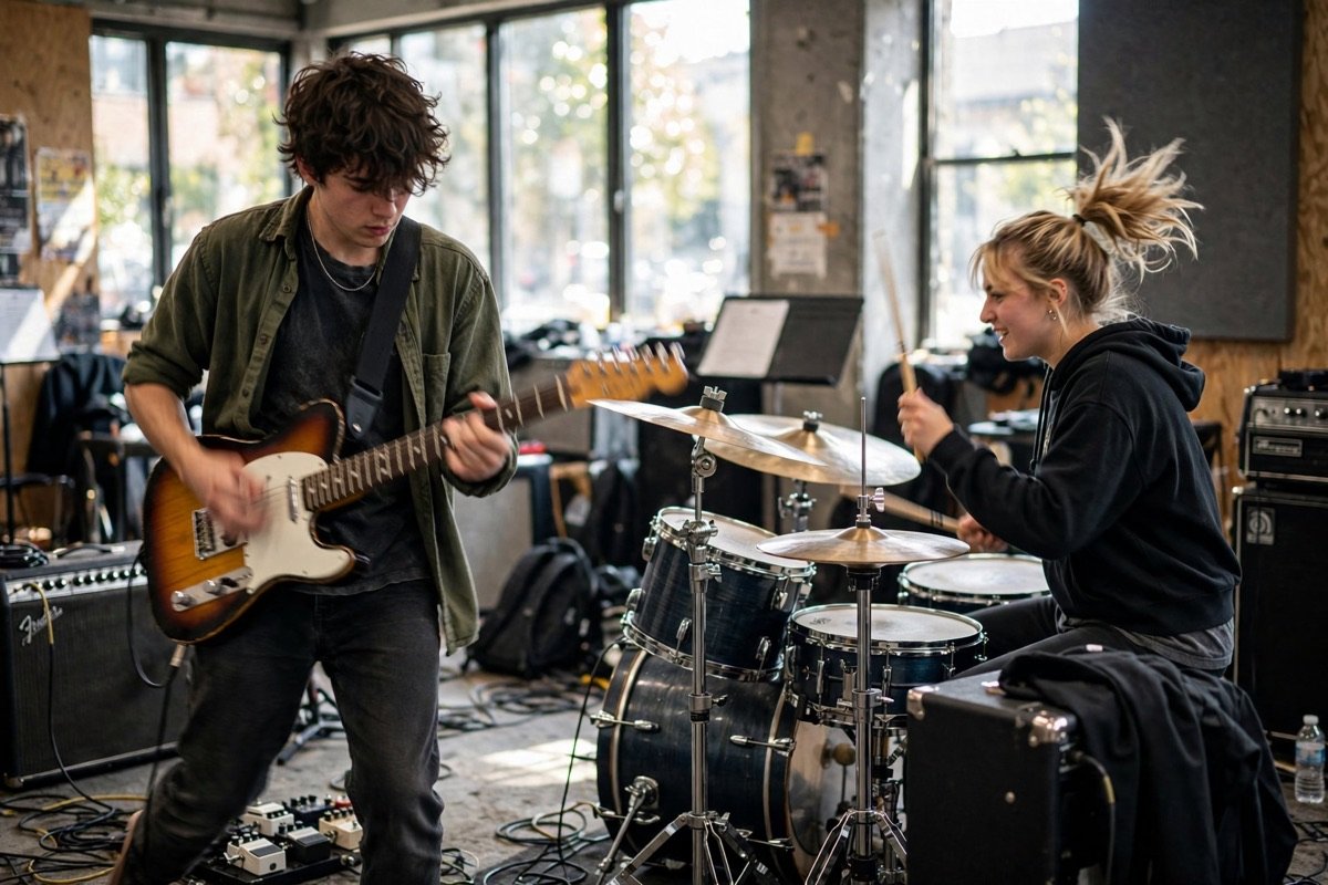 Indie band rehearsing in a bright practice room