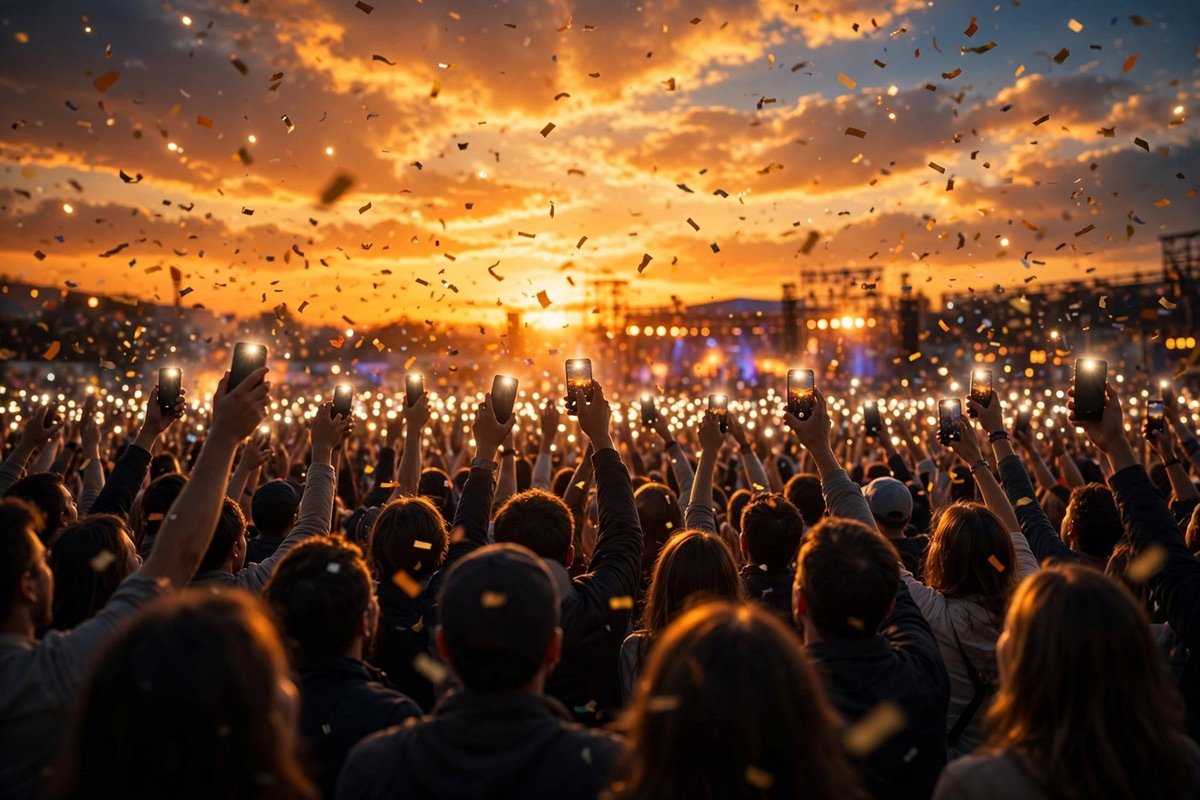 Festival crowd with glowing phones at sunset