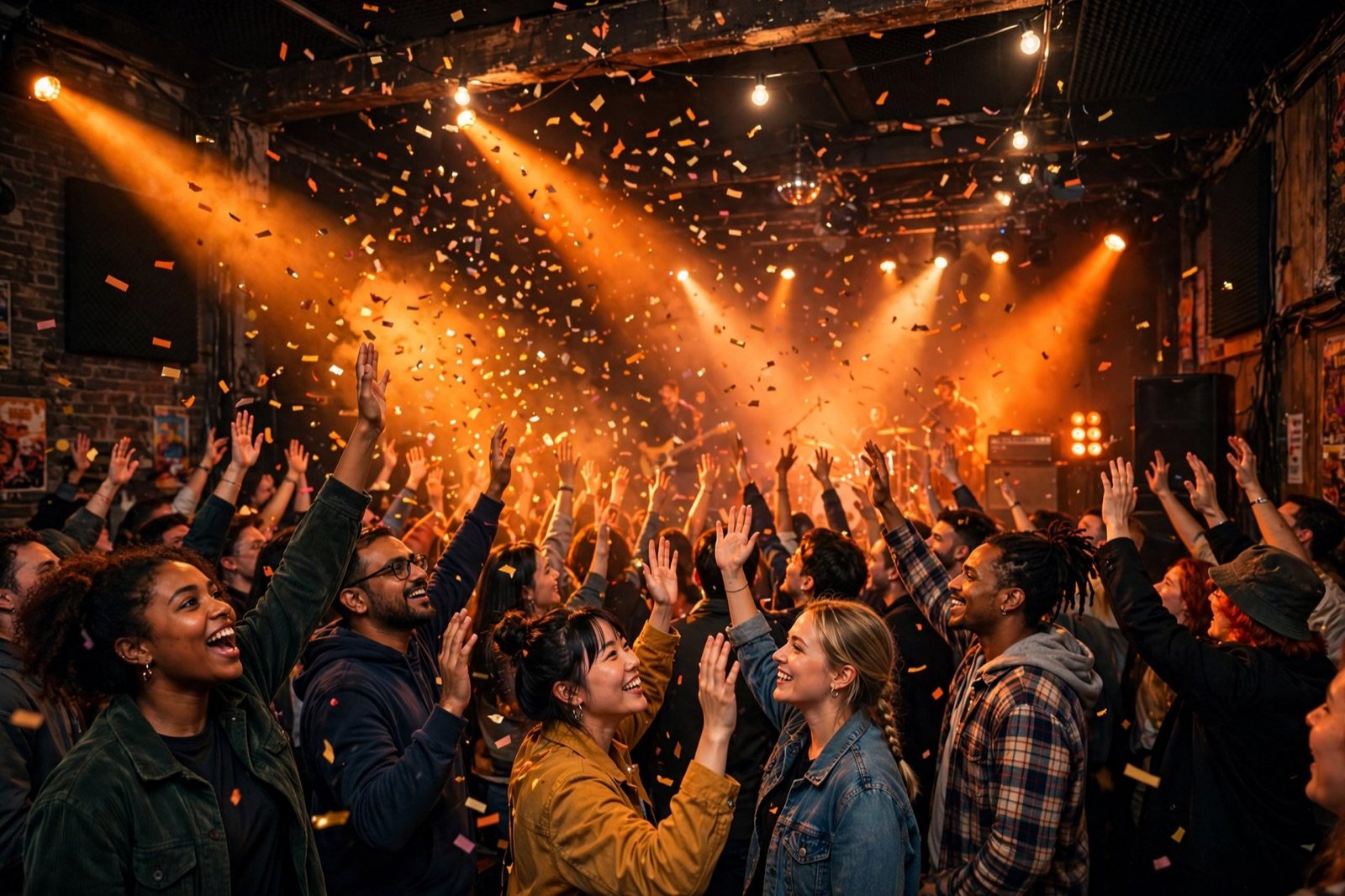 Packed grassroots venue, confetti and orange stage lights