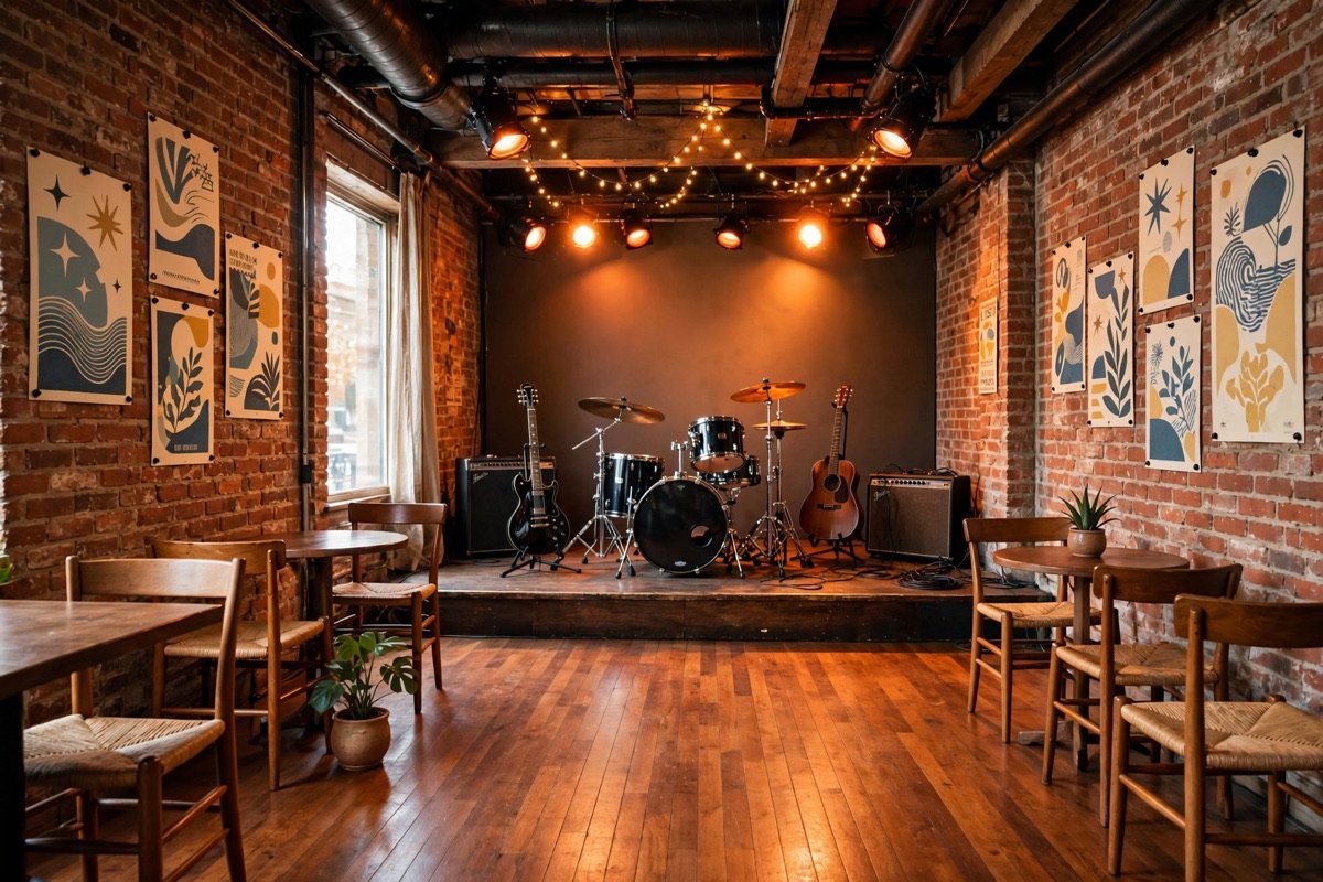 Independent venue stage set for a gig
